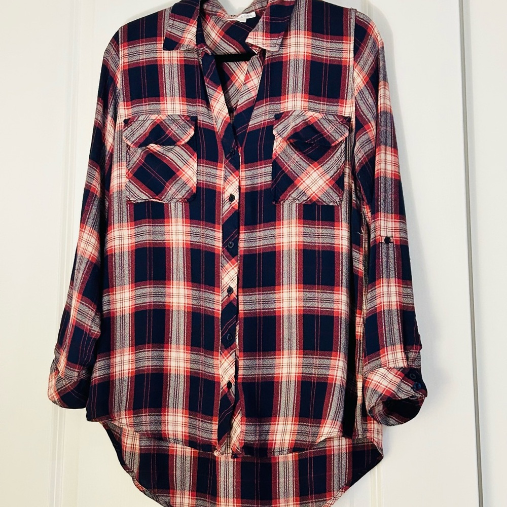 Olivia Grey Women’s Lightweight Plaid Button Down Shirt Orange and Blue Size Med